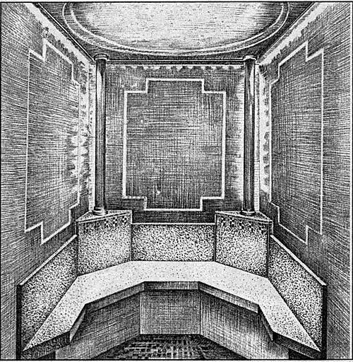 Паровая баня с подогреваемыми скамейками из гранита. Общий вид и план