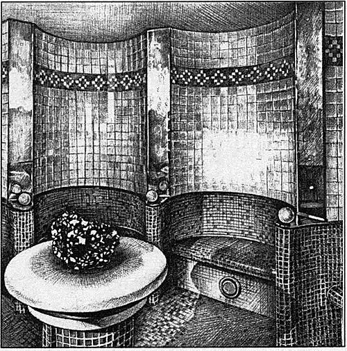 Паровая баня с подогреваемыми скамьями и с крупным кристаллом в центре. Общий вид и план